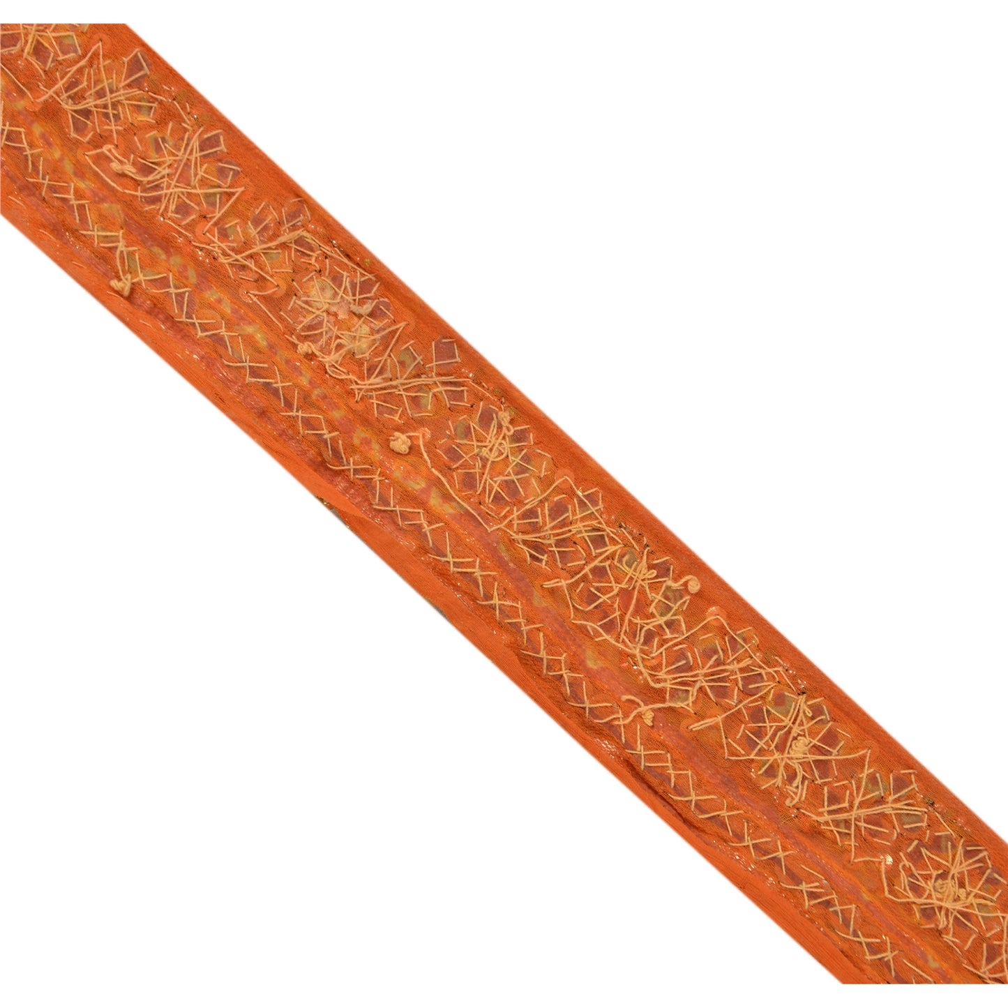 Sanskriti Vintage Sari Border Hand Beaded 1 YD Trim Sewing Orange Craft Lace