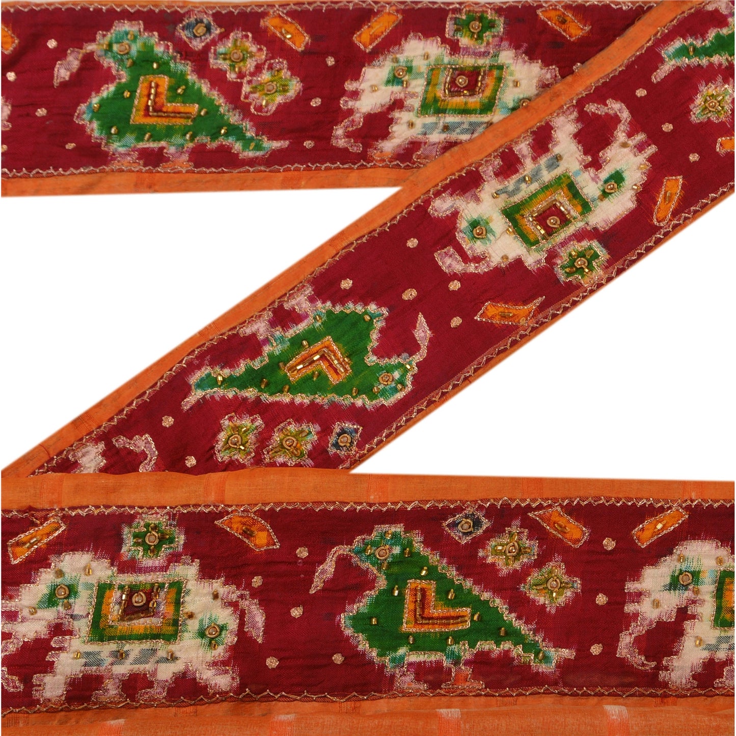 Sanskriti Vintage Woven Patola Sari Border Hand Beaded 1 YD Trim Sewing Lace