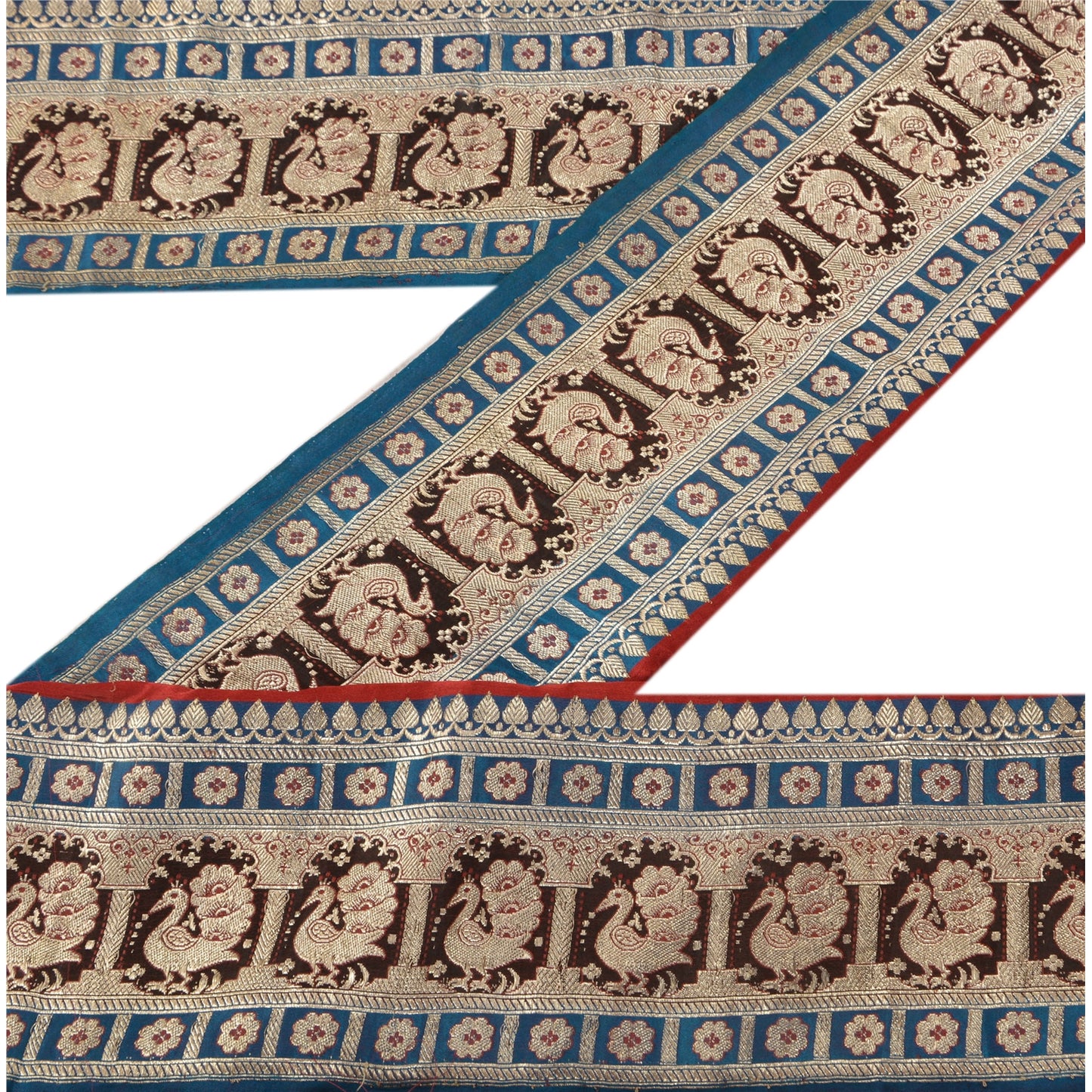 Sanskriti Vintage Sari Border Woven Brocade 1YD Trim Craft Sewing Blue Zari Lace