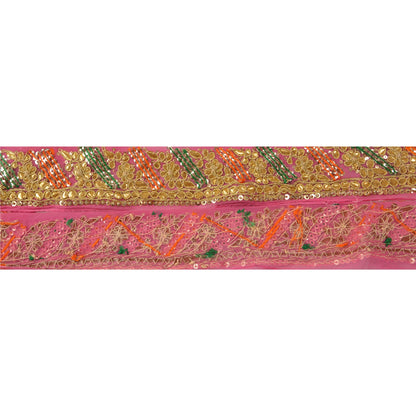 Sanskriti Vintage Sari Border Hand Beaded 1 YD Trim Sewing Pink Gota Patti Lace