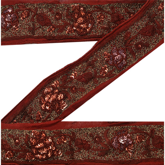 Sanskriti Vintage Sari Border Hand Beaded 1YD Indian Trim Ribbon Dark Red Lace