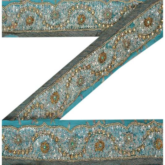 Sanskriti Vintage Sari Border Hand Beaded 1 YD Trim Sewing Blue Sequins Lace