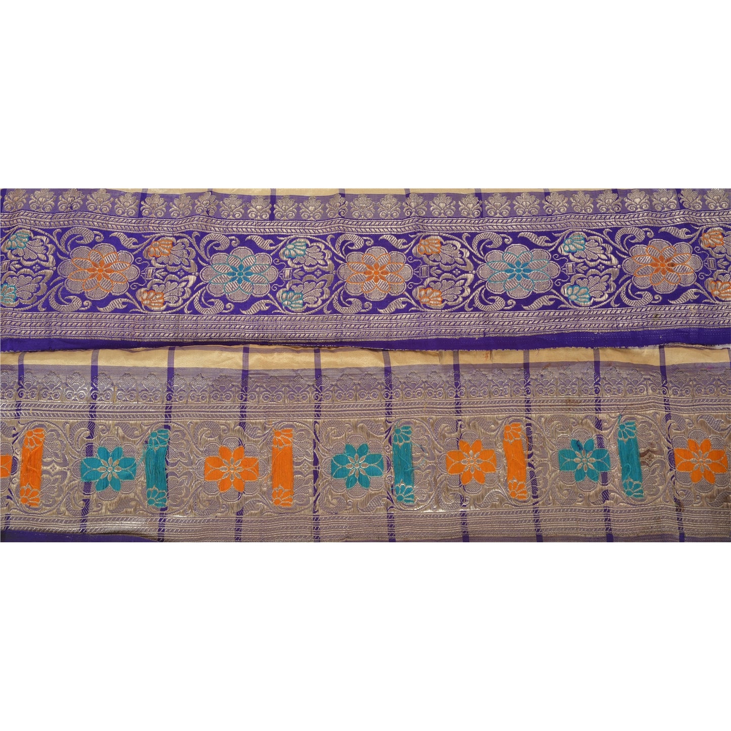 Sanskriti Vintage Sari Border Woven Brocade 1YD Trim Craft Sewing Blue Zari Lace