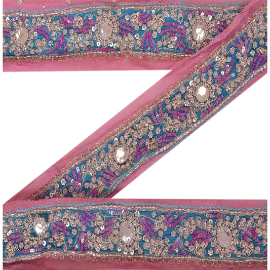 Sanskriti Vintage Sari Border Hand Beaded 1YD Indian Trim Décor Ribbon Pink Lace