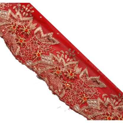 Sanskriti Vintage Sari Border Hand Beaded 1 YD Indian Trim Sewing Red Zari Lace