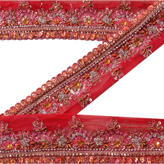 Sanskriti Vintage Sari Border Hand Beaded 1YD Indian Trim Sewing Pink Decor Lace