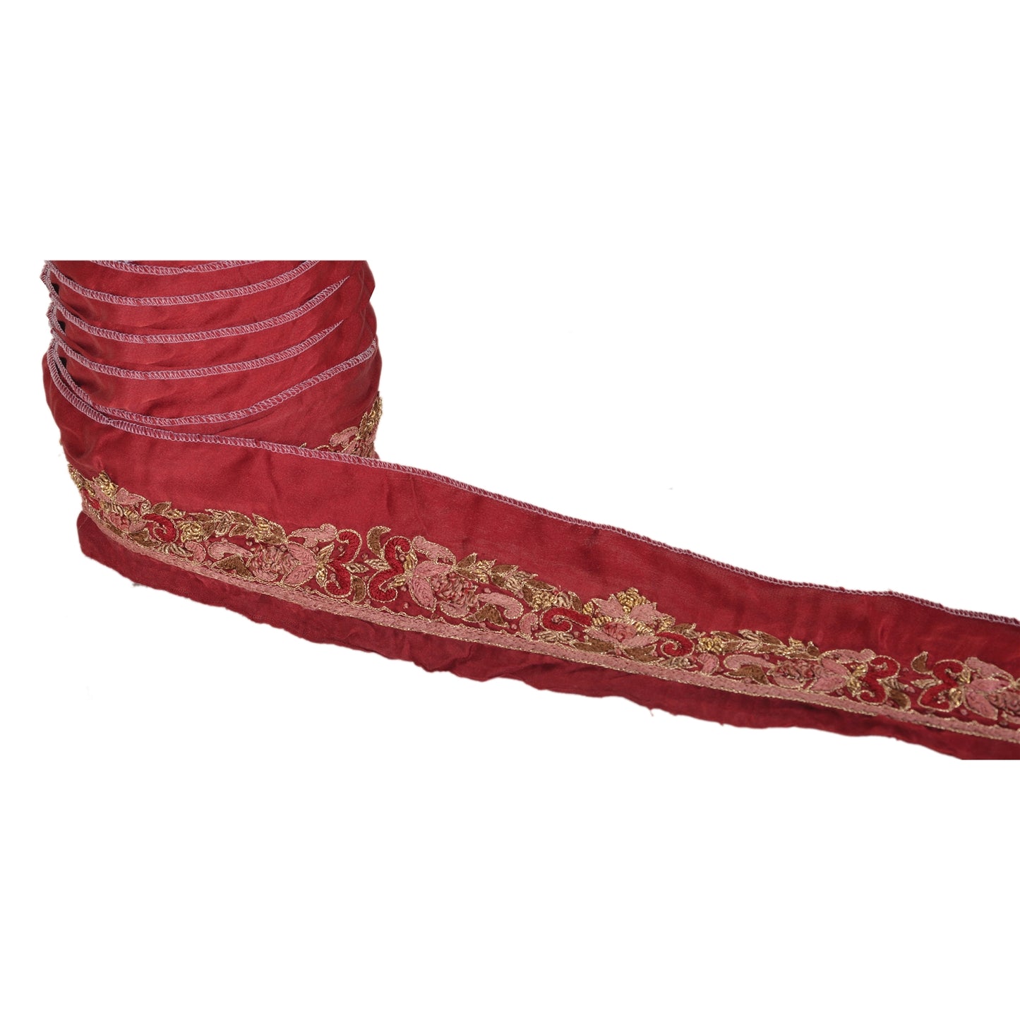 Sanskriti Vintage Sari Border Hand Embroidered 1 YD Trim Ribbon Dark Red Lace