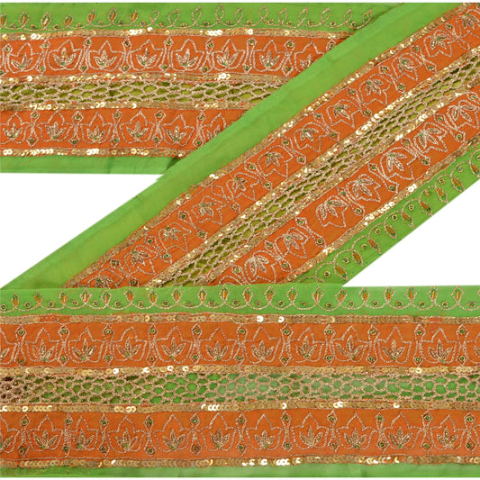 Sanskriti Vintage Sari Border Hand Beaded 1YD Indian Trim Sewing Green Zari Lace