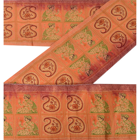 Sanskriti Vintage Sari Border Woven 1 YD Trim Sewing Peach Craft Pure Silk Lace