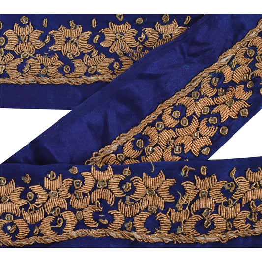 Sanskriti Vintage Sari Border Hand Beaded 1YD Trim Ribbon Blue Decor Zardozi Lace