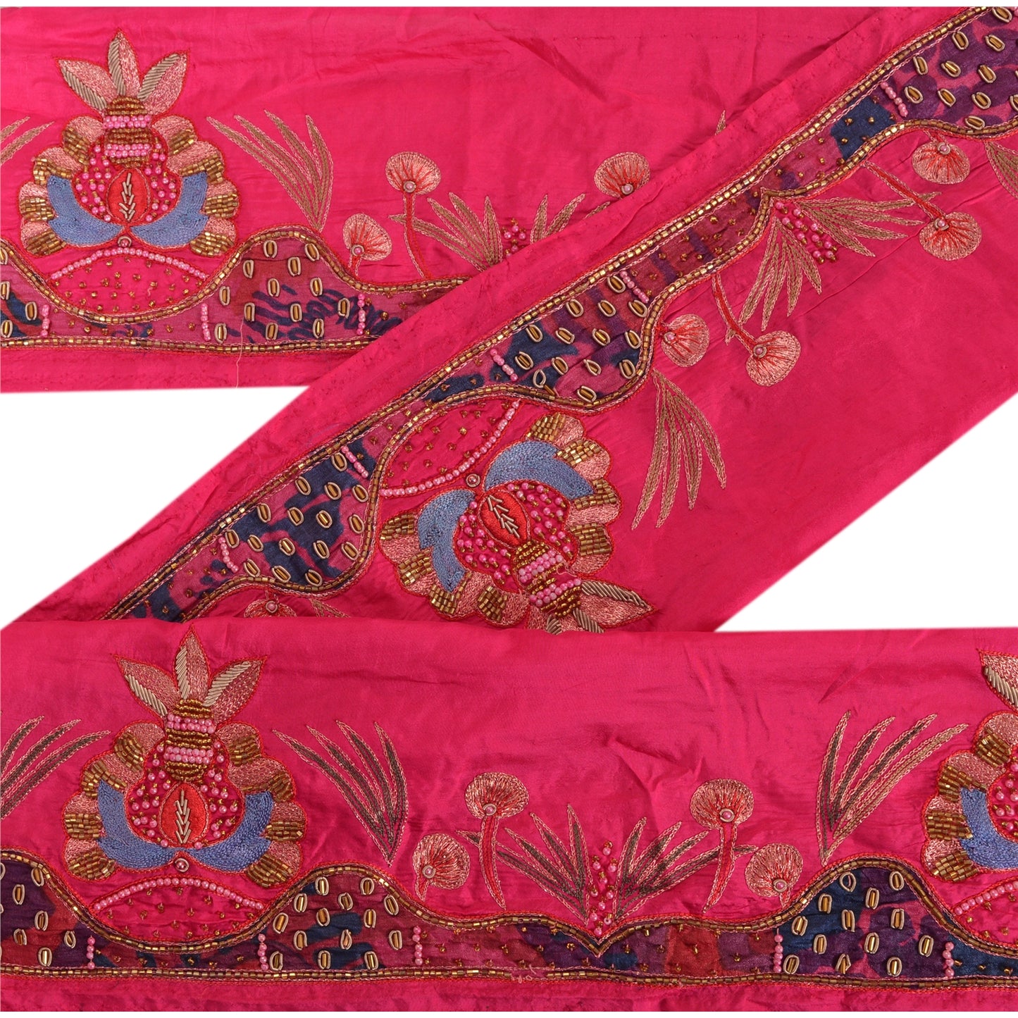 Sanskriti Vintage Sari Border Hand Beaded 1 YD Indian Trim Sewing Pink Zari Lace