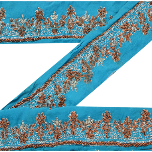 Sanskriti Vintage Sari Border Hand Beaded 1YD Indian Trim Décor Ribbon Blue Lace