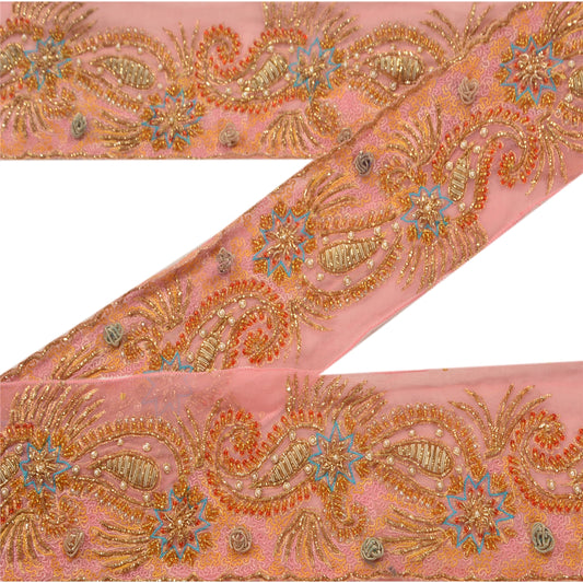 Sanskriti Vintage Sari Border Hand Beaded 1 YD Indian Trim Sewing Pink Zari Lace