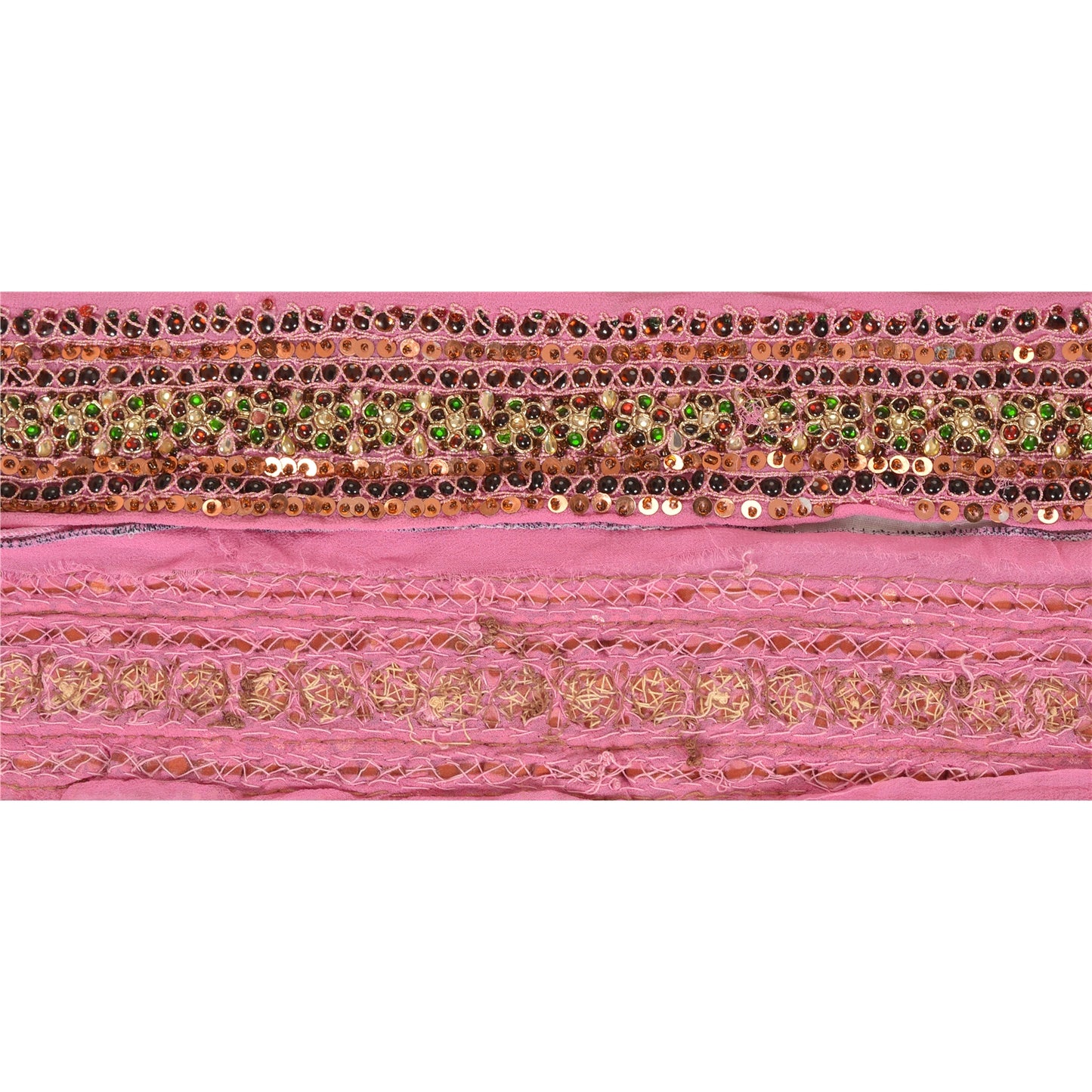 Sanskriti Vintage Sari Border Hand Beaded 1YD Trim Sewing Pink Kundan Stone Lace