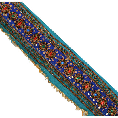 Sanskriti Vintage Sari Border Hand Beaded 1 YD Trim Craft Blue Rhinestone Lace