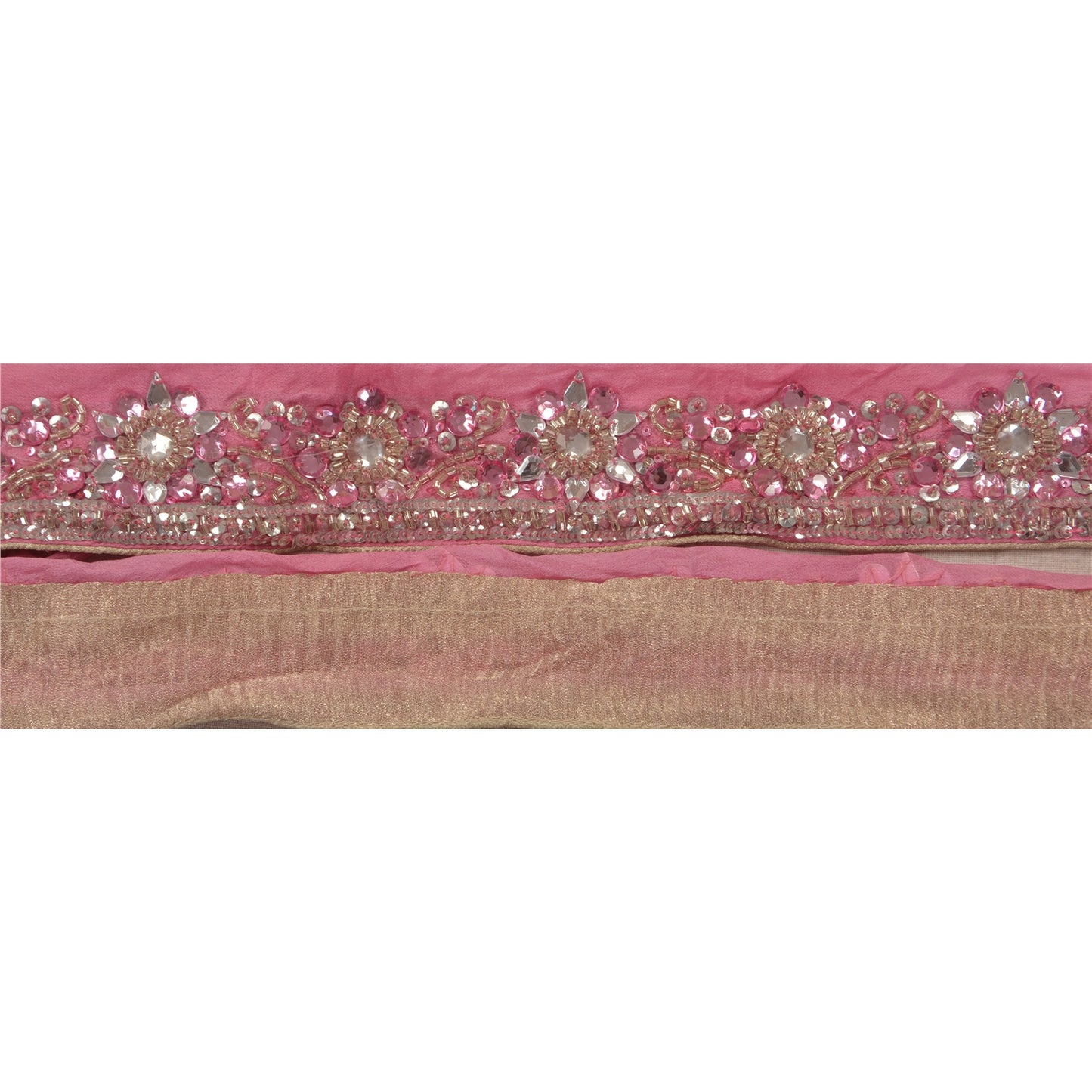 Sanskriti Vintage Sari Border Hand Beaded 1YD Trim Sewing Pink Rhinestone Lace