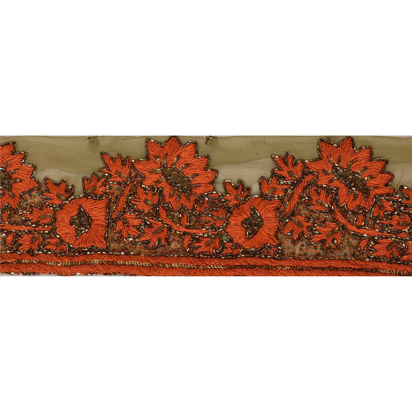 Sanskriti Vintage Sari Border Hand Beaded 6 Yard Trim Sewing Orange Deco Lace