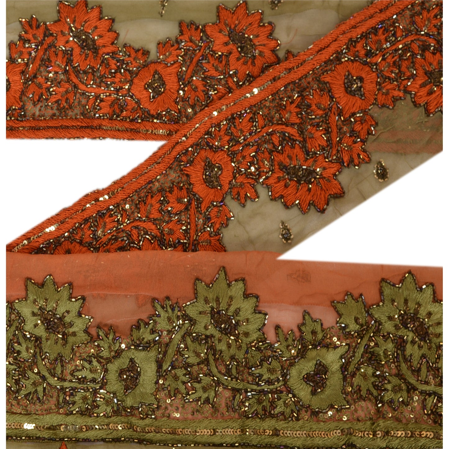 Sanskriti Vintage Sari Border Hand Beaded 6 Yard Trim Sewing Orange Deco Lace