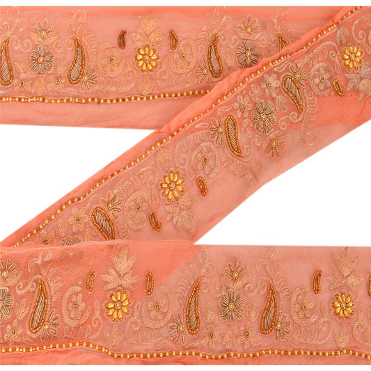 Sanskriti Vintage Saree Border Hand Beaded 5 Yard Trims Sewing Peach Decor Lace