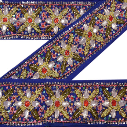 Sanskriti Vintage Sari Border Hand Beaded 1 YD Indian Trim Sewing Blue Lace