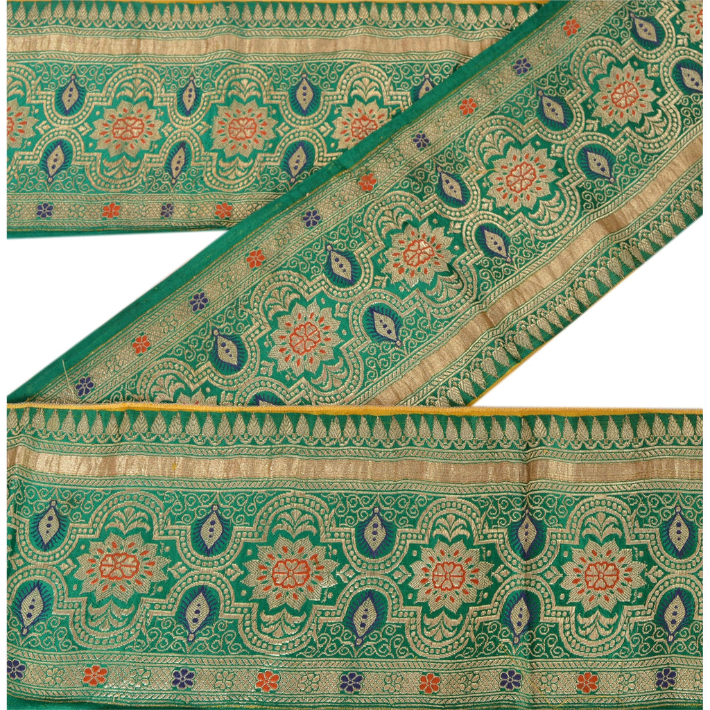 Sanskriti Vintage Sari Border Woven Brocade 2 YD Trim Craft Green Zari Lace