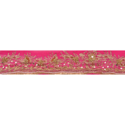 Sanskriti Vintage Sari Border Hand Beaded 1 YD Craft Trim Sewing Pink Zari Lace