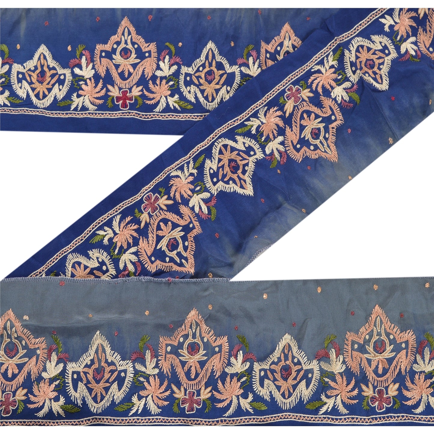 Sanskriti Vintage Sari Border Hand Embroidered 1 YD Trim Sewing Blue Craft Lace