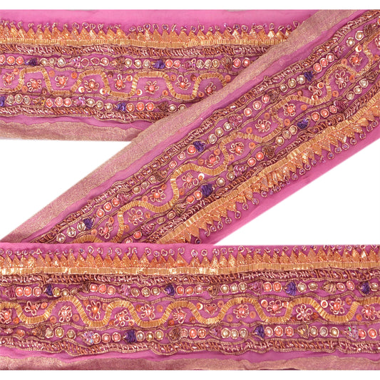 Sanskriti Vintage Sari Border 1 YD Craft Pink Trim Hand Beaded Sewing Decor Lace