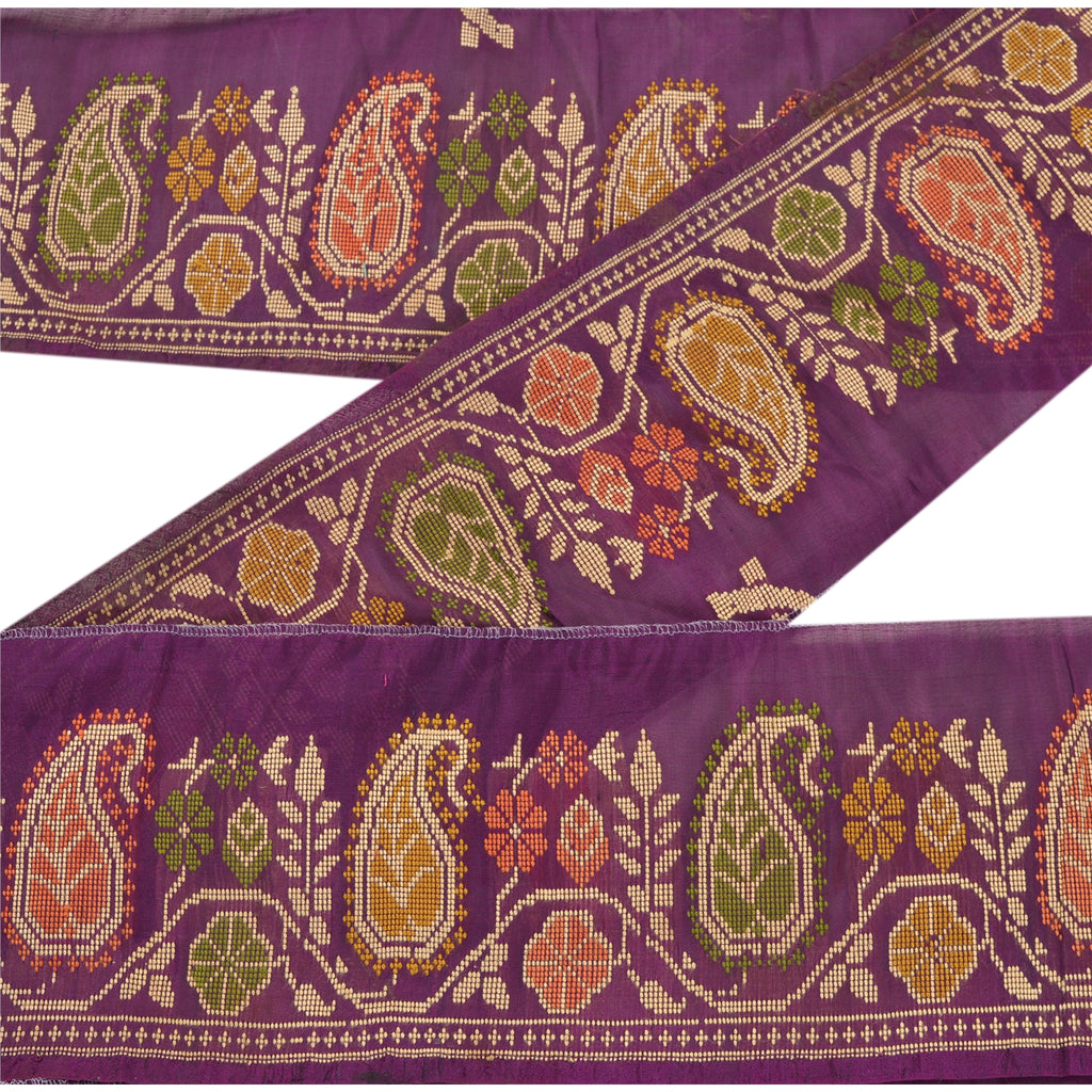 Sanskriti Vintage 1 YD Sari Border Hand Woven Trim Sewing Craft Purple Deco Lace