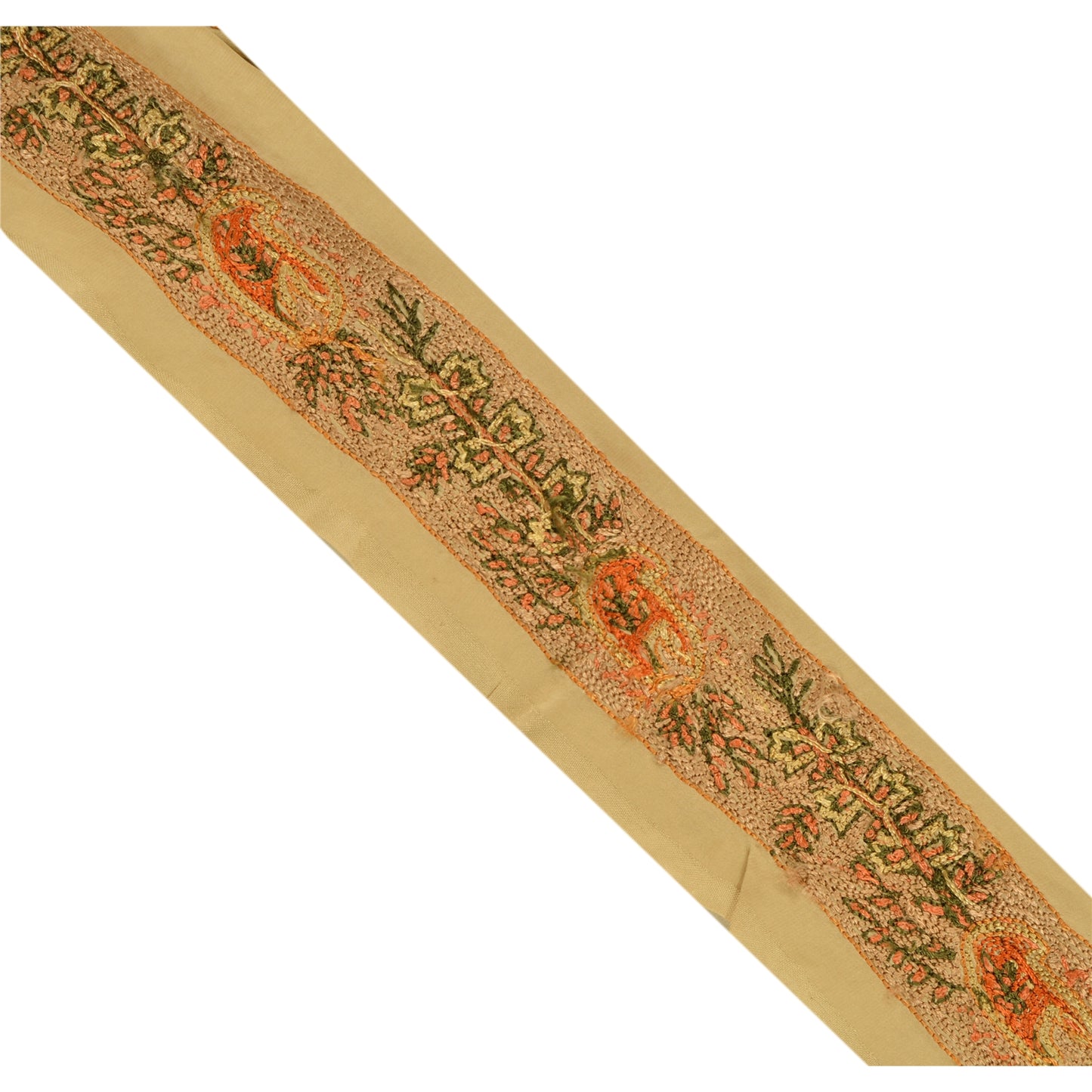 Sanskriti Vintage 2 YD Sari Border Hand Embroidered Craft Trim Ribbon Cream Lace