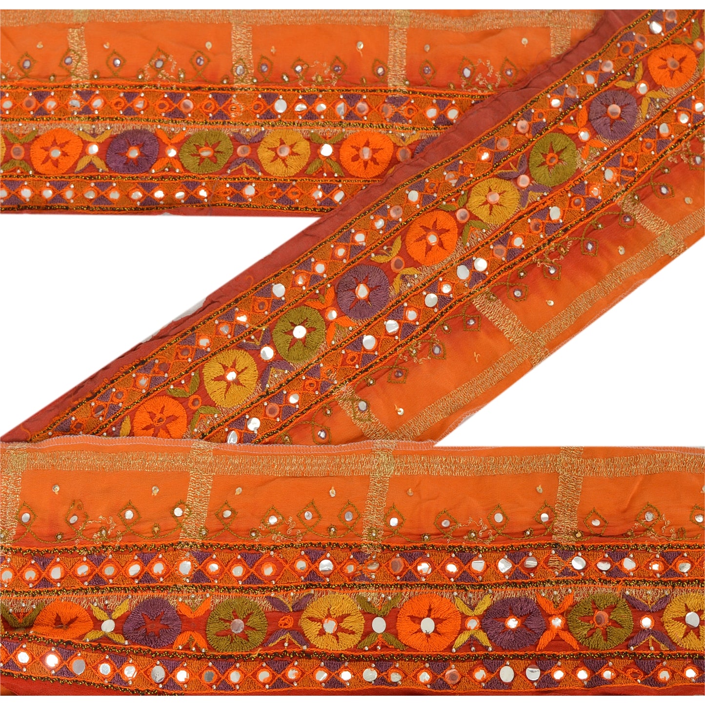 Sanskriti Vintage 1 YD Sari Border Hand Beaded Trim Sewing Orange Craft Lace