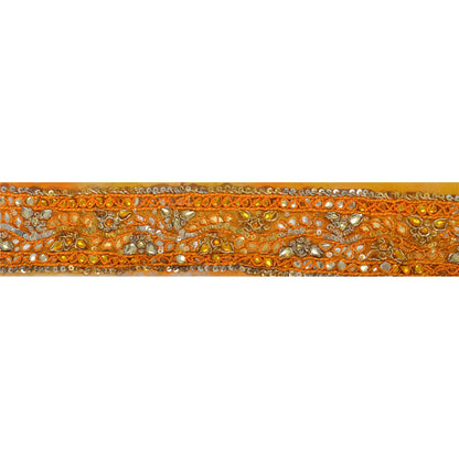 Sanskriti Vintage 6 YD Sari Border Hand Beaded Craft Trim Sewing Orange Lace