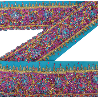 Sanskriti Vintage 1 YD Sari Border Craft Hand Beaded Trim Sewing Blue Lace