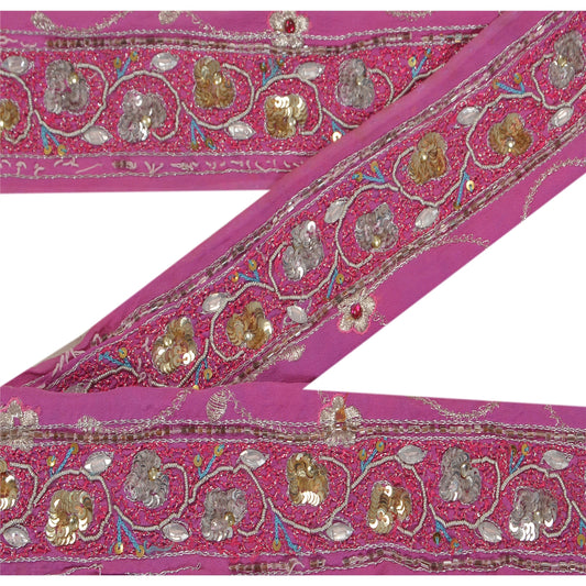 Sanskriti Vintage 1 YD Sari Border Hand Beaded Craft Trim Décor Ribbon Pink Lace