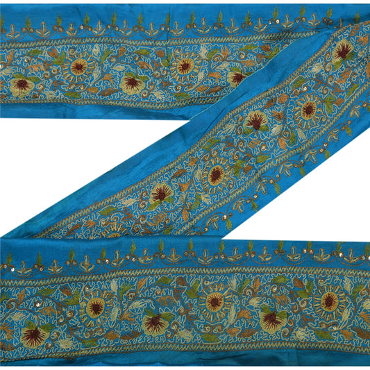 Sanskriti Vintage 1 YD Sari Border Hand Beaded Trim Sewing Blue Craft Lace