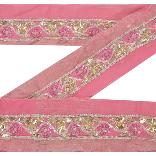 Sanskriti Vintage 1 YD Sari Border Hand Beaded Craft Trim Décor Ribbon Pink Lace