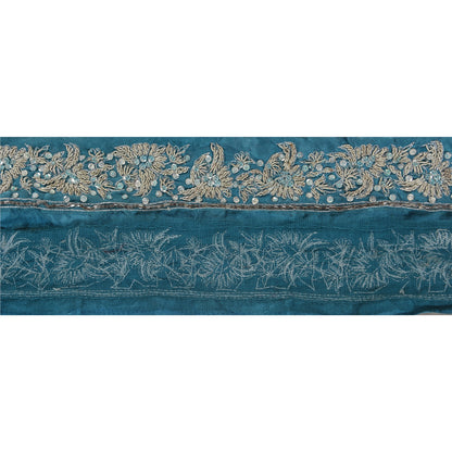 Sanskriti Vintage 1 YD Sari Border Antique Hand Beaded Trim Ribbon Blue Lace