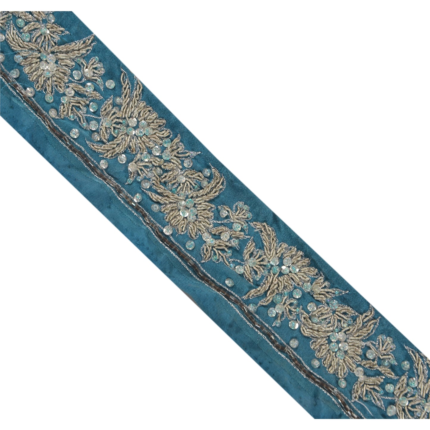 Sanskriti Vintage 1 YD Sari Border Antique Hand Beaded Trim Ribbon Blue Lace