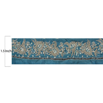 Sanskriti Vintage 1 YD Sari Border Antique Hand Beaded Trim Ribbon Blue Lace