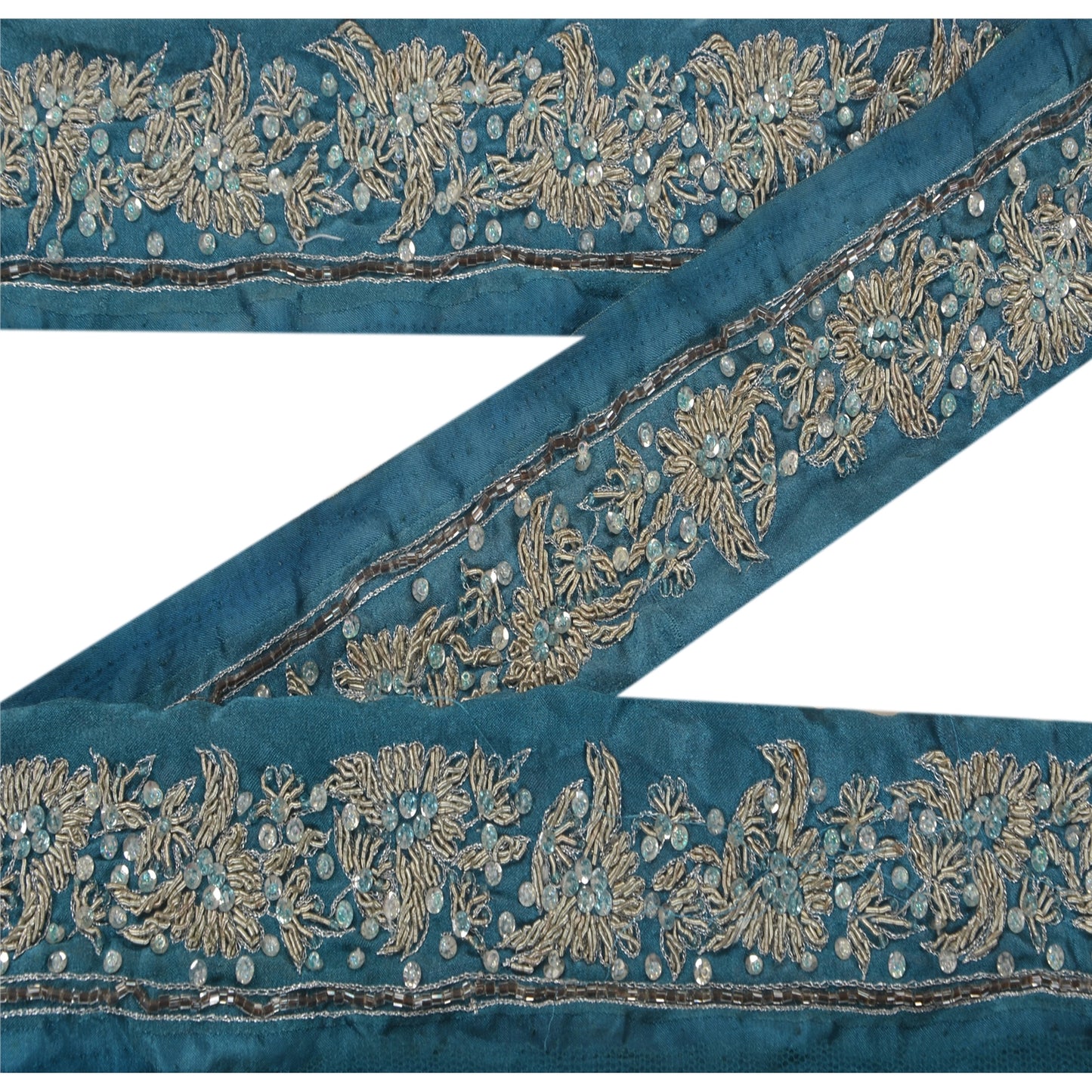 Sanskriti Vintage 1 YD Sari Border Antique Hand Beaded Trim Ribbon Blue Lace