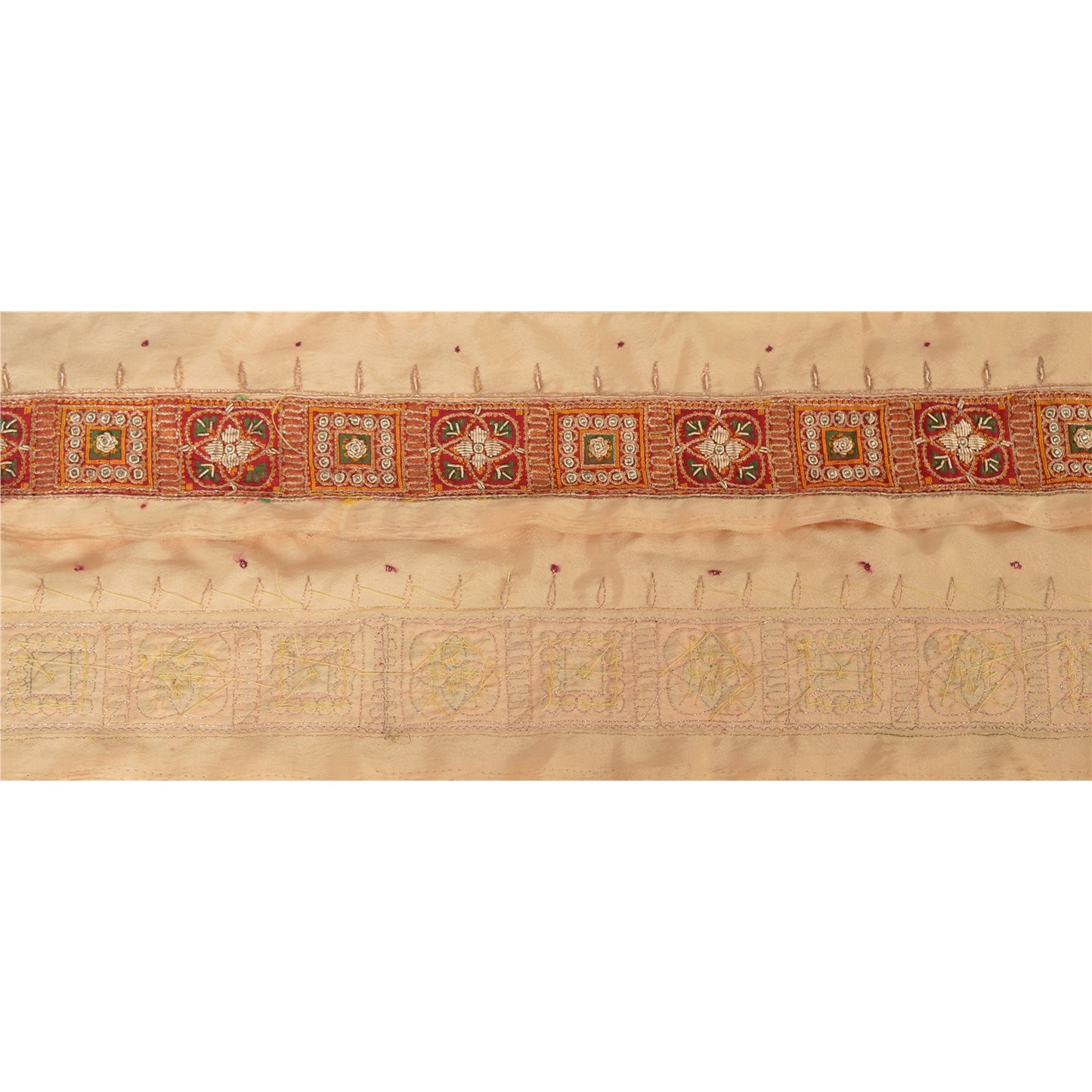 Sanskriti Vintage 1 YD Sari Border Antique Hand Beaded Trim Ribbon Peach Lace