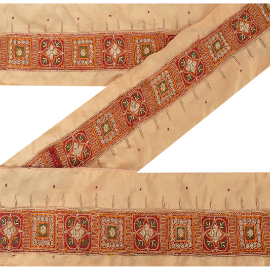 Sanskriti Vintage 1 YD Sari Border Antique Hand Beaded Trim Ribbon Peach Lace