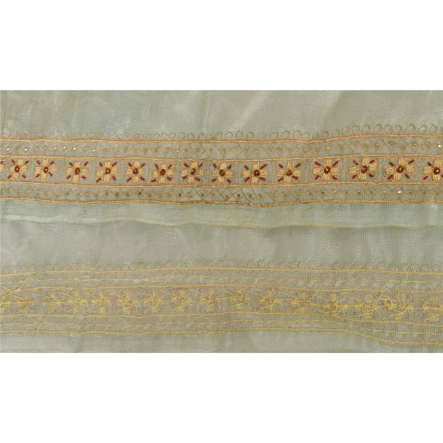 Sanskriti Vintage 1 YD Sari Border Hand Beaded Trim Sewing Silver Craft Lace