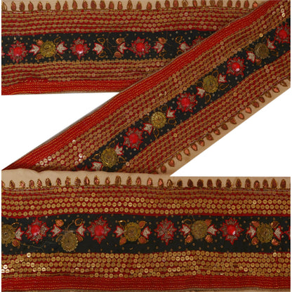 Sanskriti Vintage 1 YD Sari Border Hand Beaded Trim Sewing Red Sequins Lace