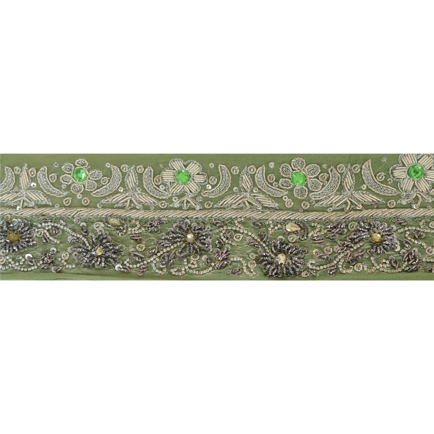 Sanskriti Vintage 2 YD Sari Border Antique Hand Beaded Craft Sewing Green Lace