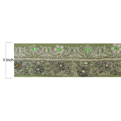 Sanskriti Vintage 2 YD Sari Border Antique Hand Beaded Craft Sewing Green Lace