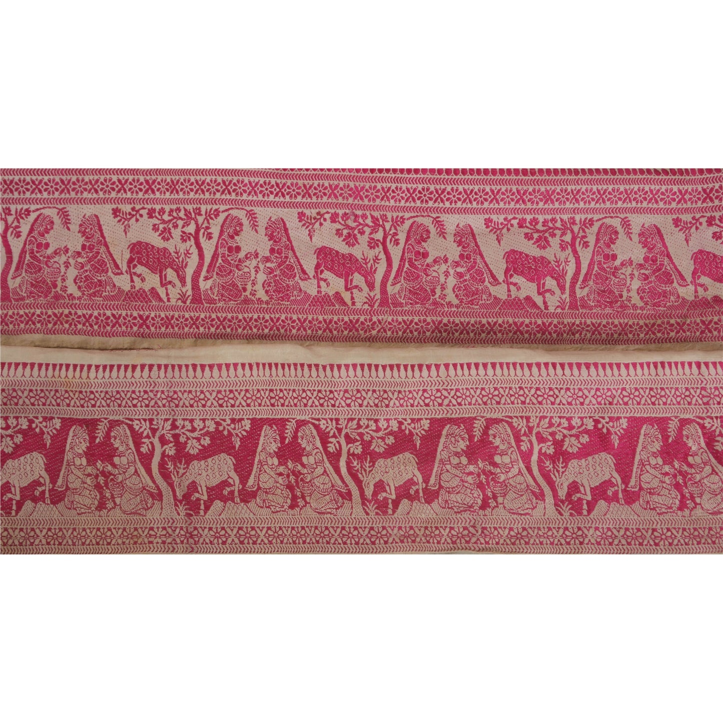 Sanskriti Vintage 1YD Sari Border Antique Woven Baluchari Trim Sewing Cream Lace