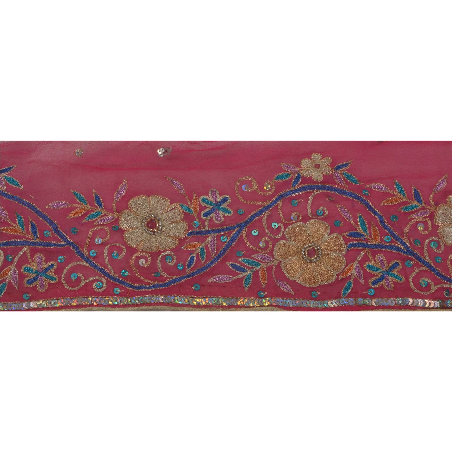 Sanskriti Vintage Pink Sari Border Hand Beaded Indian Craft 1YD Trim Sewing Lace