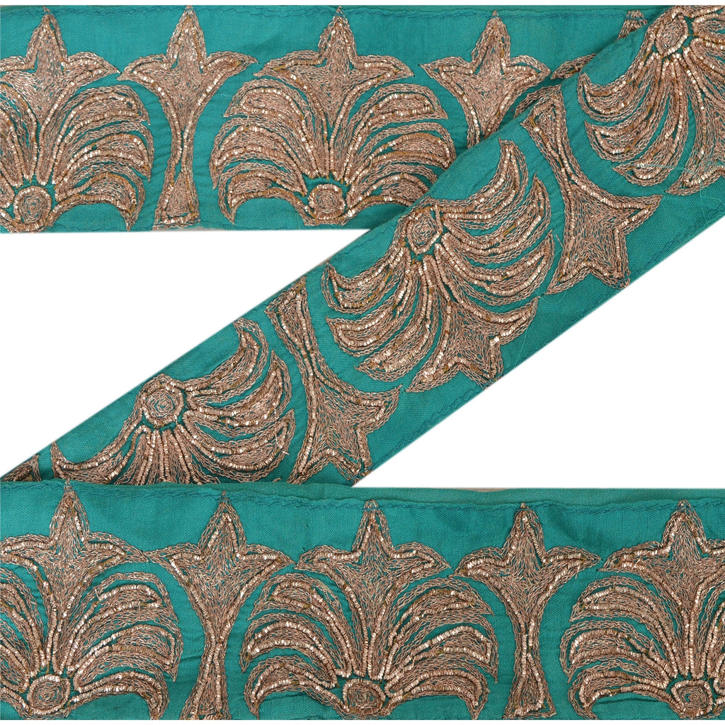 Sanskriti Vintage Sari Border Craft Sea Green Trim Hand Embroidered 1 YD Lace