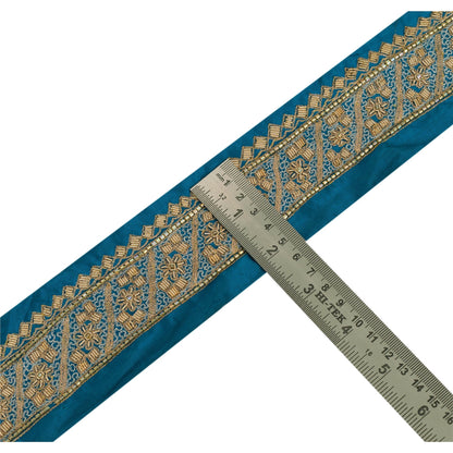 Sanskriti Vintage Sari Border 5YD Craft Blue Trim Hand Beaded Sewing Ribbon Lace